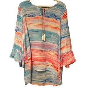Rafaella Shirt Flowy Size XL Colorful Blouse Top Bell Sleeves